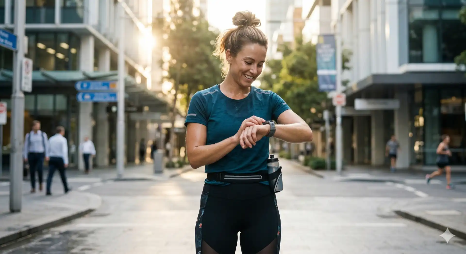 a dynamic, outdoor lifestyle photograph depicting a fit, active woman engaged in physical exercise within a modern urban environment.