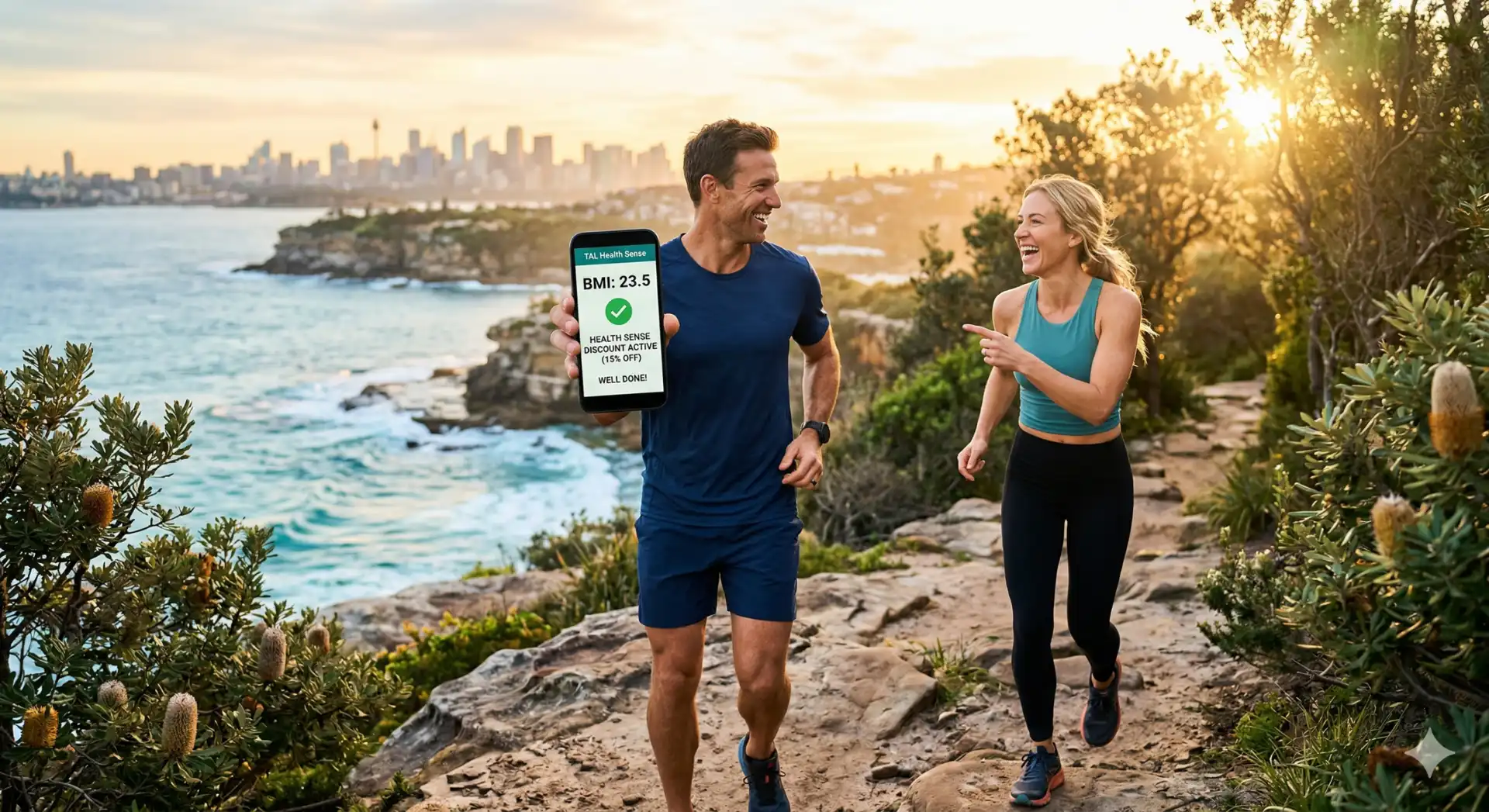 outdoor lifestyle photograph depicting a fit, happy couple jogging along a scenic coastal trail, explicitly designed to promote the TAL Health Sense program.