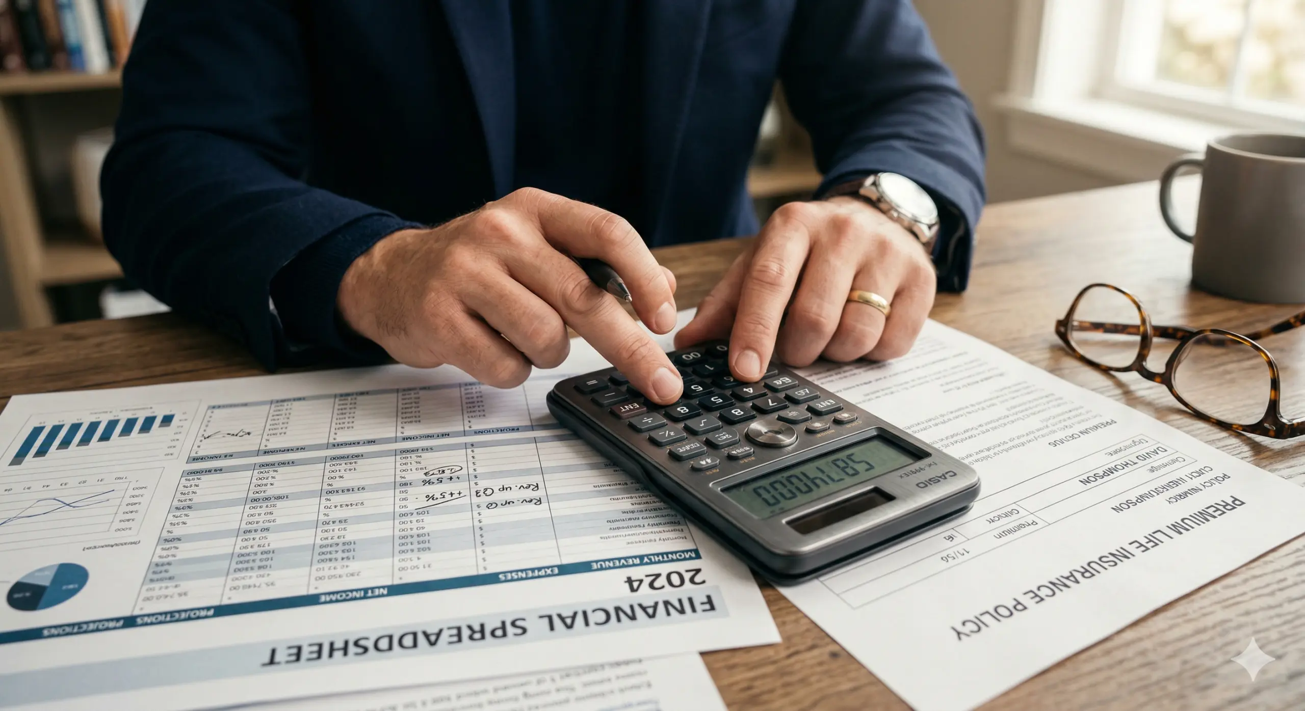 a close-up, highly professional lifestyle photograph focusing on the hands of a person engaging in financial calculation and analysis.