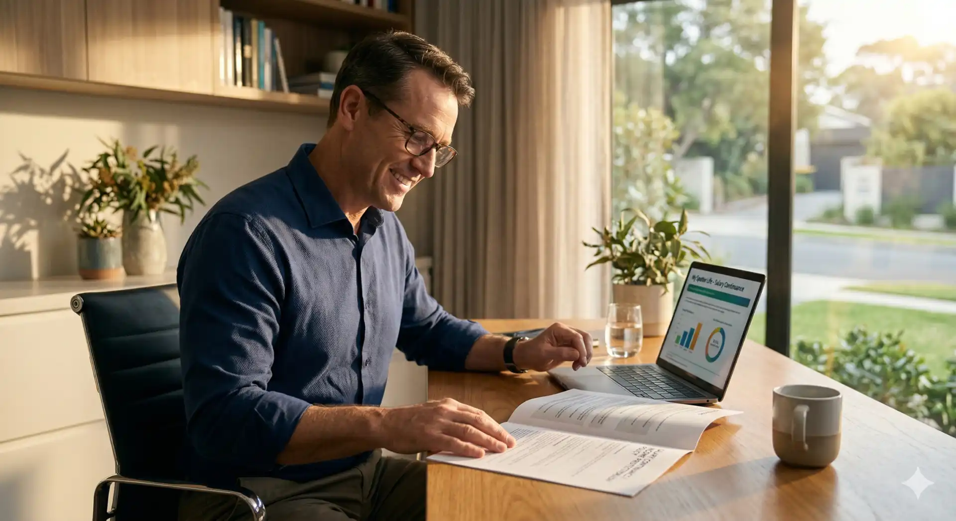 a warm, reassuring lifestyle photograph of a professional man reviewing financial documents in a comfortable home-office setting.