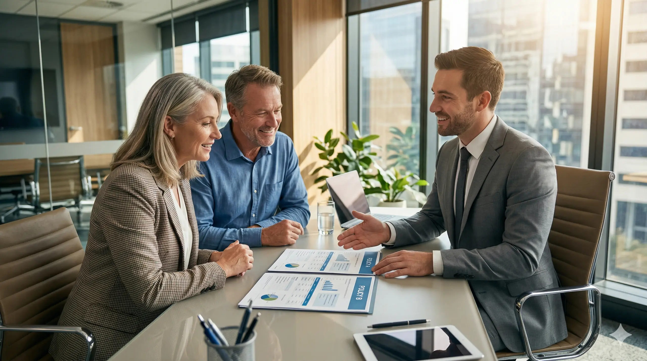 a mature couple meeting with a younger, sharply dressed financial advisor or insurance broker