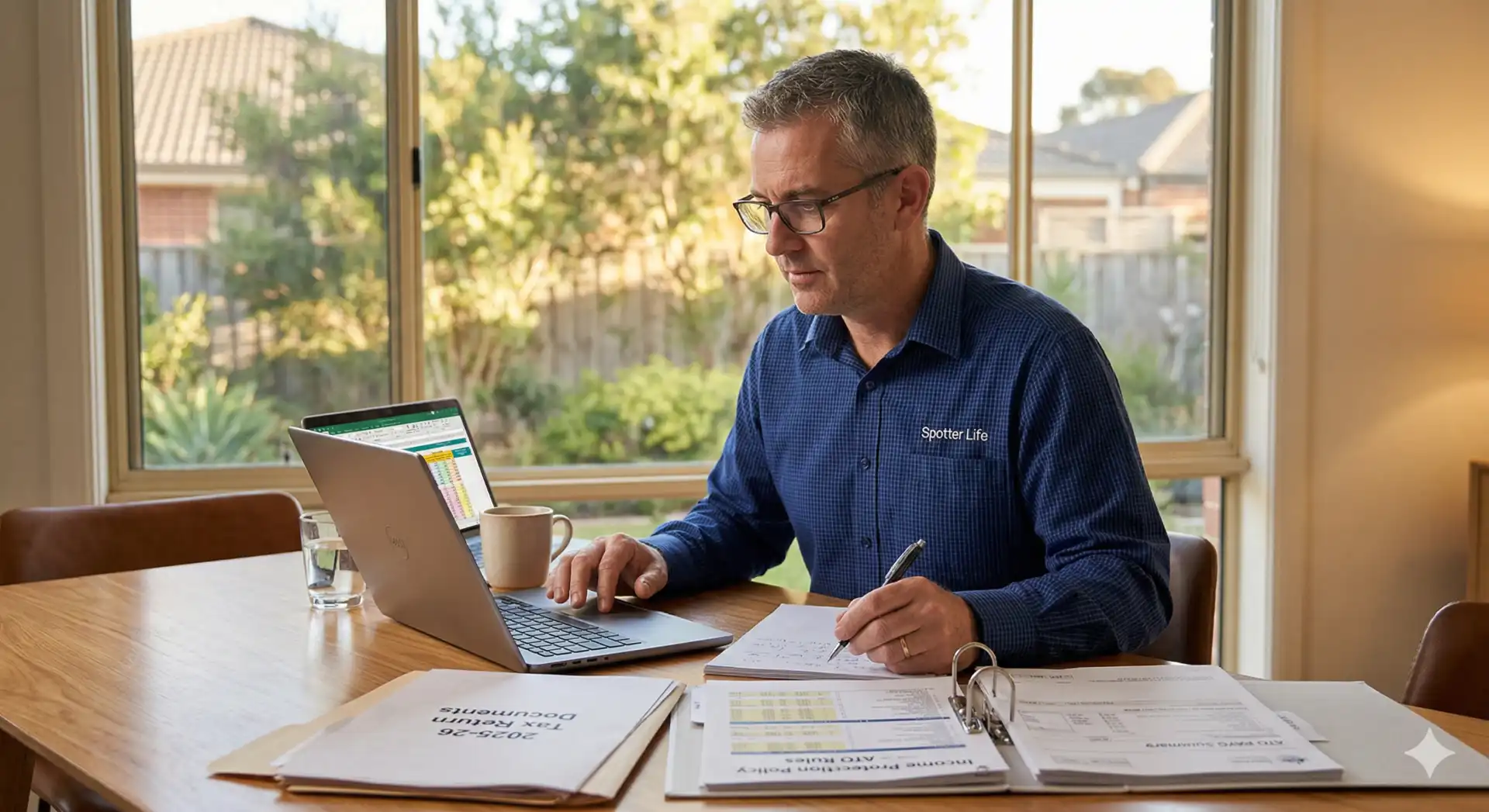 professional lifestyle photograph of a focused, middle-aged man working diligently at a wooden dining or home-office table