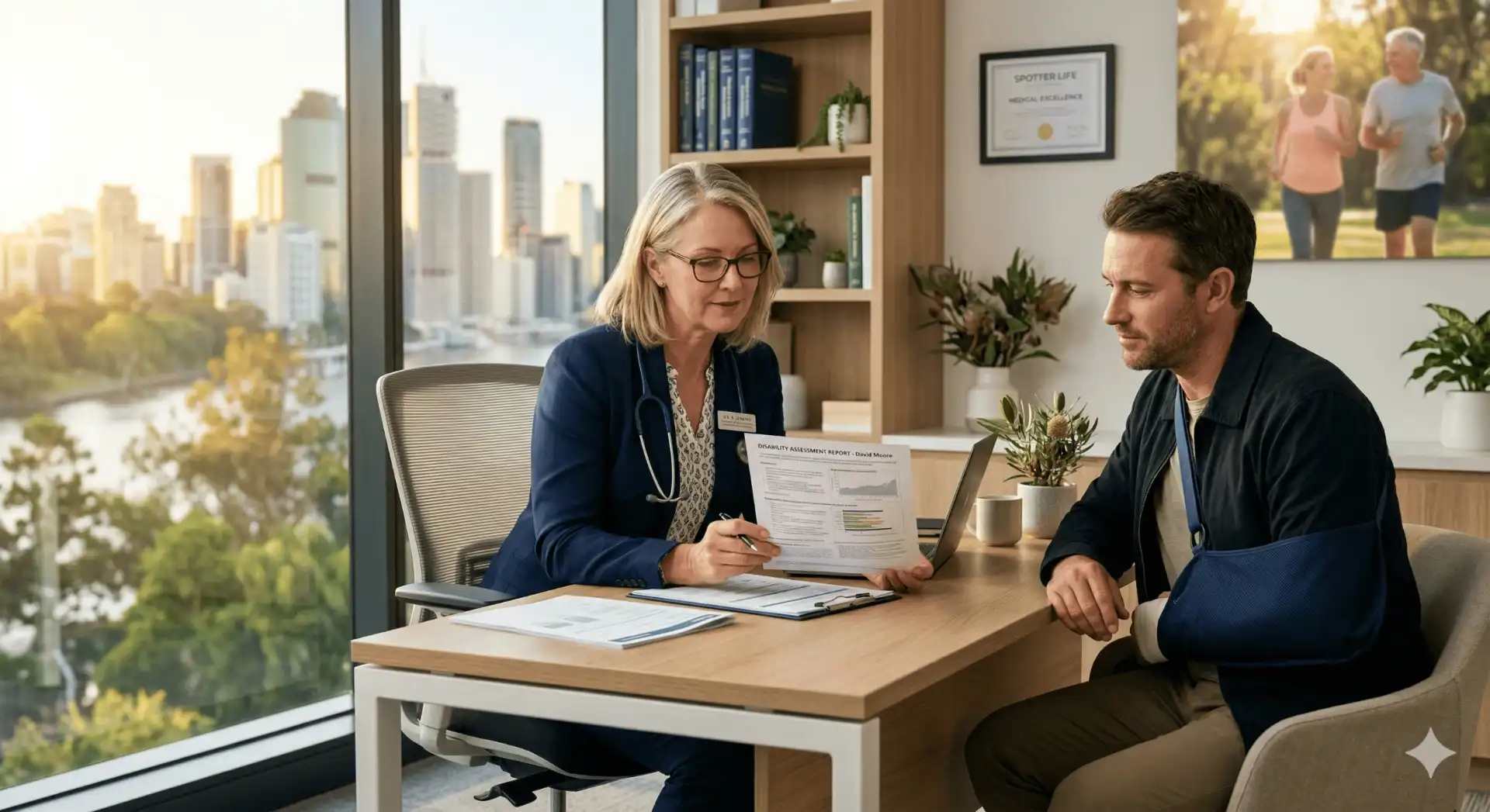 a highly professional, reassuring lifestyle photograph depicting a medical or claims consultation within a modern corporate office setting.