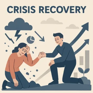 An illustration of a man helping a woman off the ground under the text "CRISIS RECOVERY."