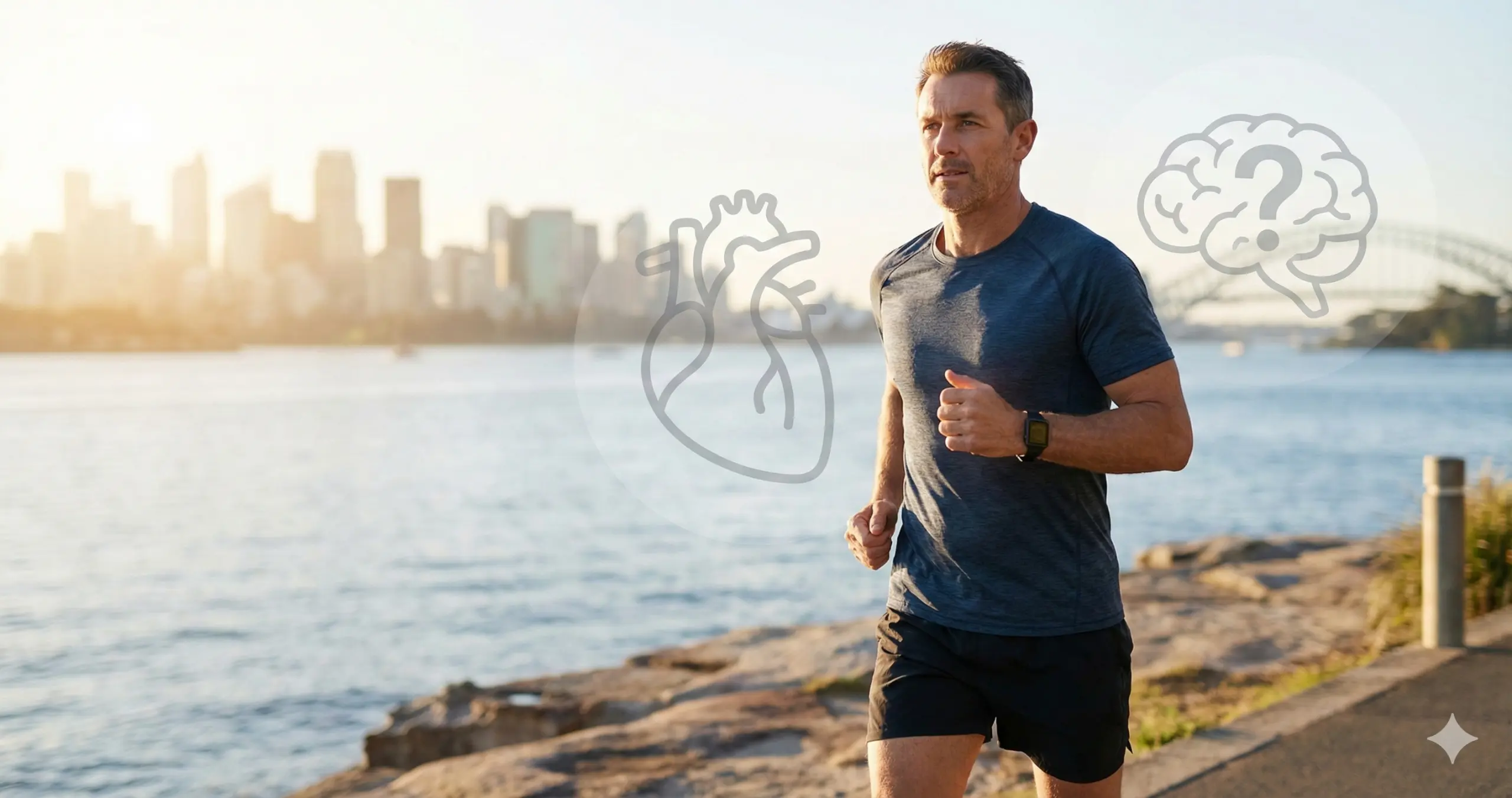 A healthy middle-aged Australian man jogging by the water, highlighting the hidden need for trauma cover even if you feel fit.