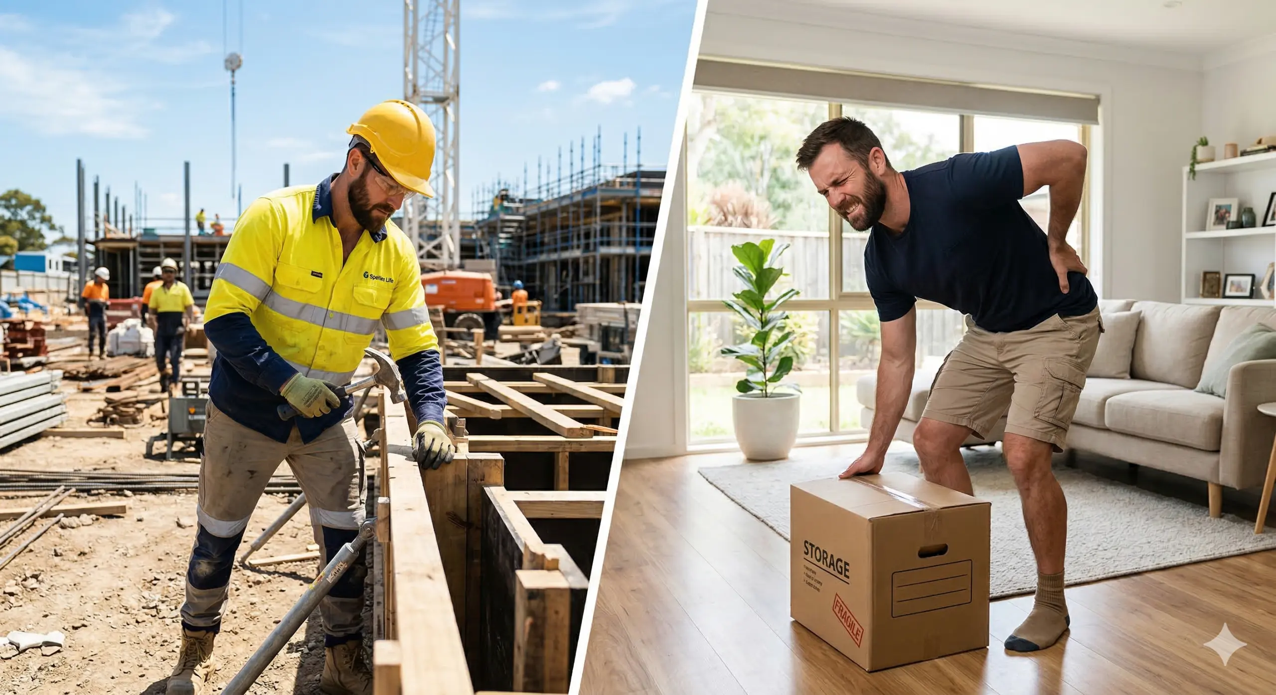 tradie-workcover-vs-home-injury-gap Split screen image comparing a tradesperson in high-vis workwear on a construction site versus the same man clutching his injured back while lifting a storage box at home.