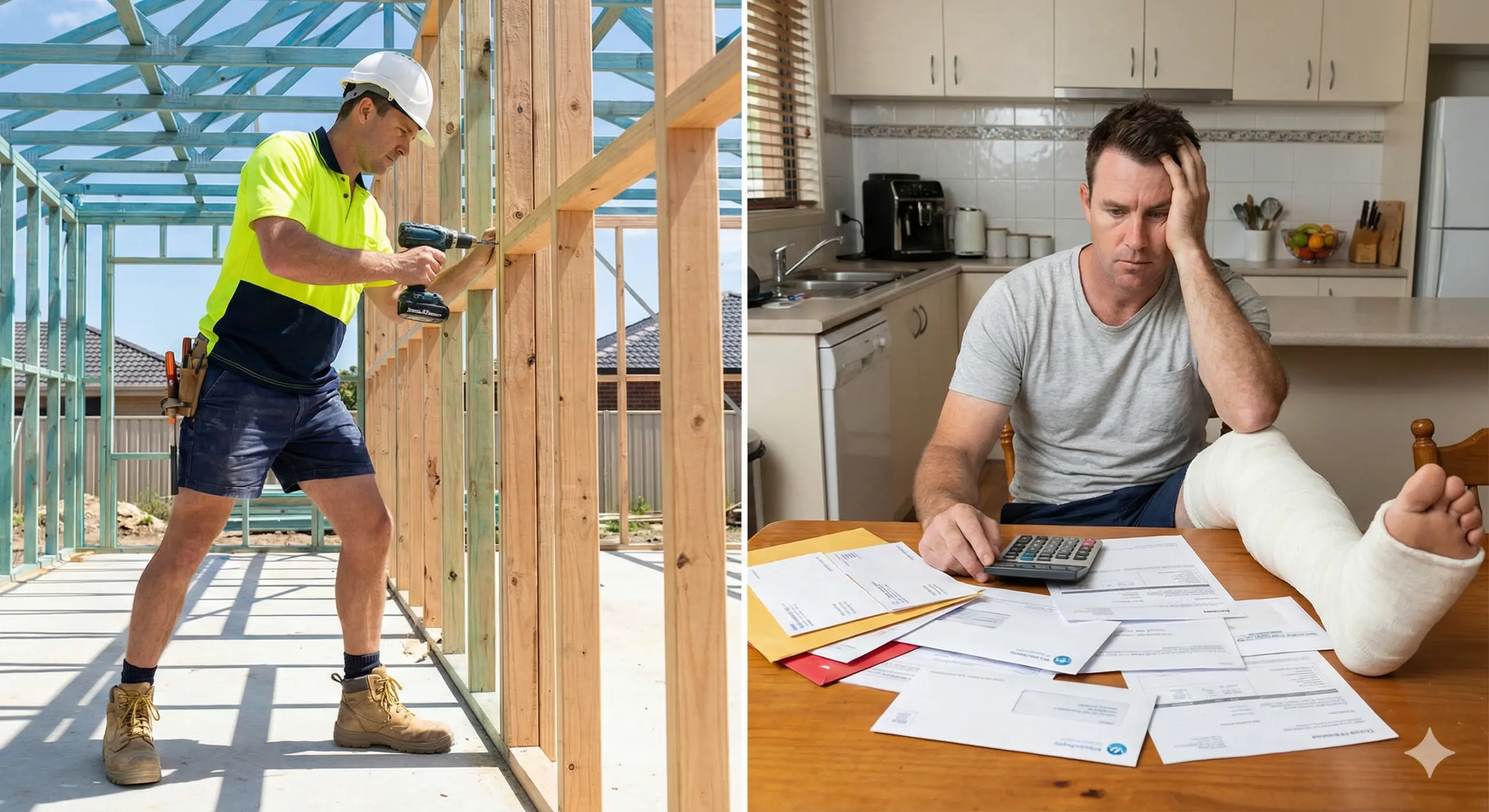 Split screen showing a tradie working on a job site compared to resting at home with an injury and unpaid bills.
