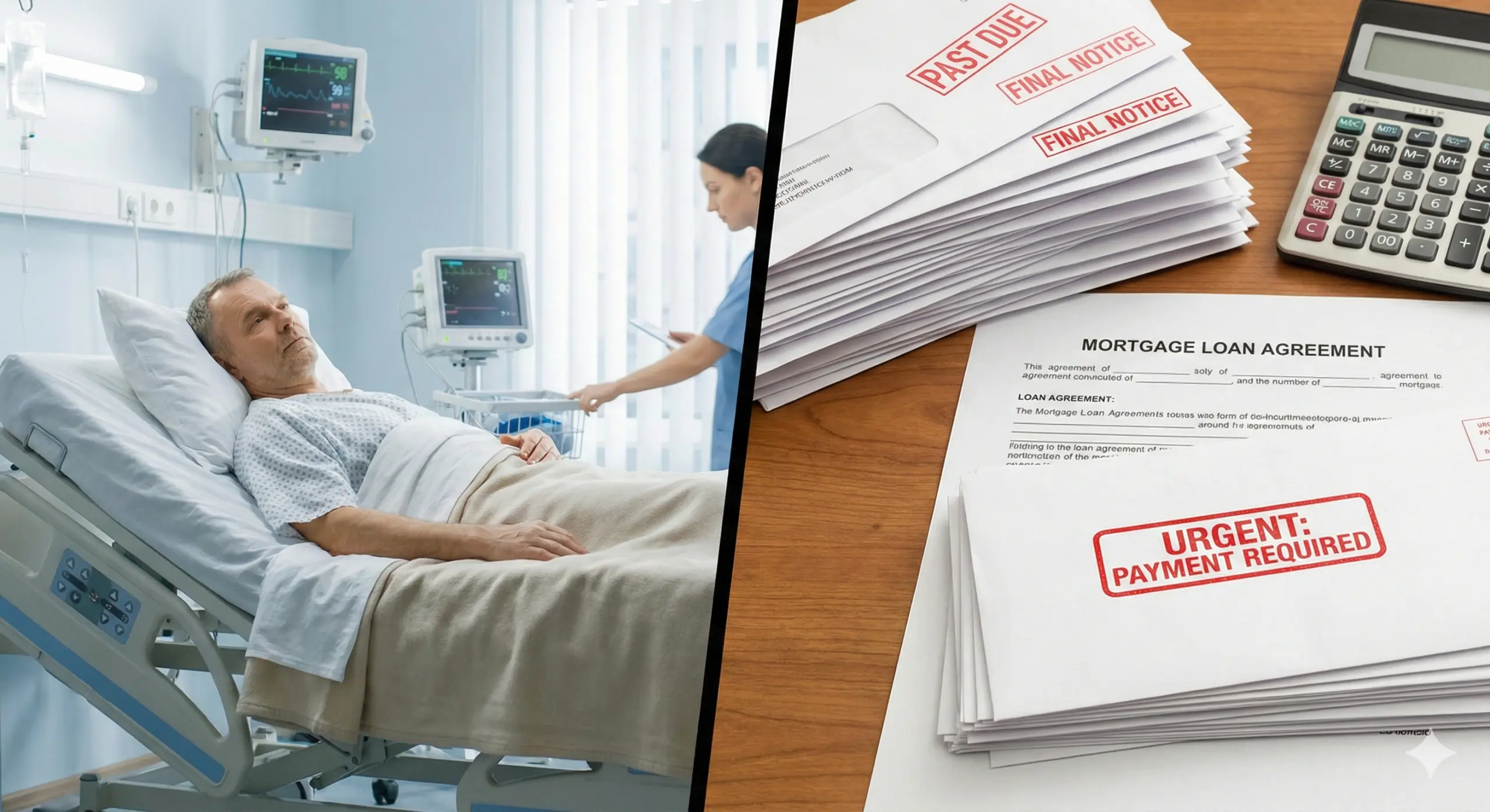 A split screen contrasting physical recovery in a hospital with the financial stress of unpaid mortgages and bills.