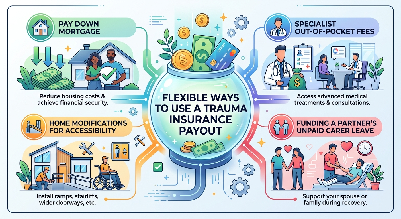 Diagram showing flexible uses for a tax-free trauma insurance lump sum payment, including medical fees and mortgage reduction.
