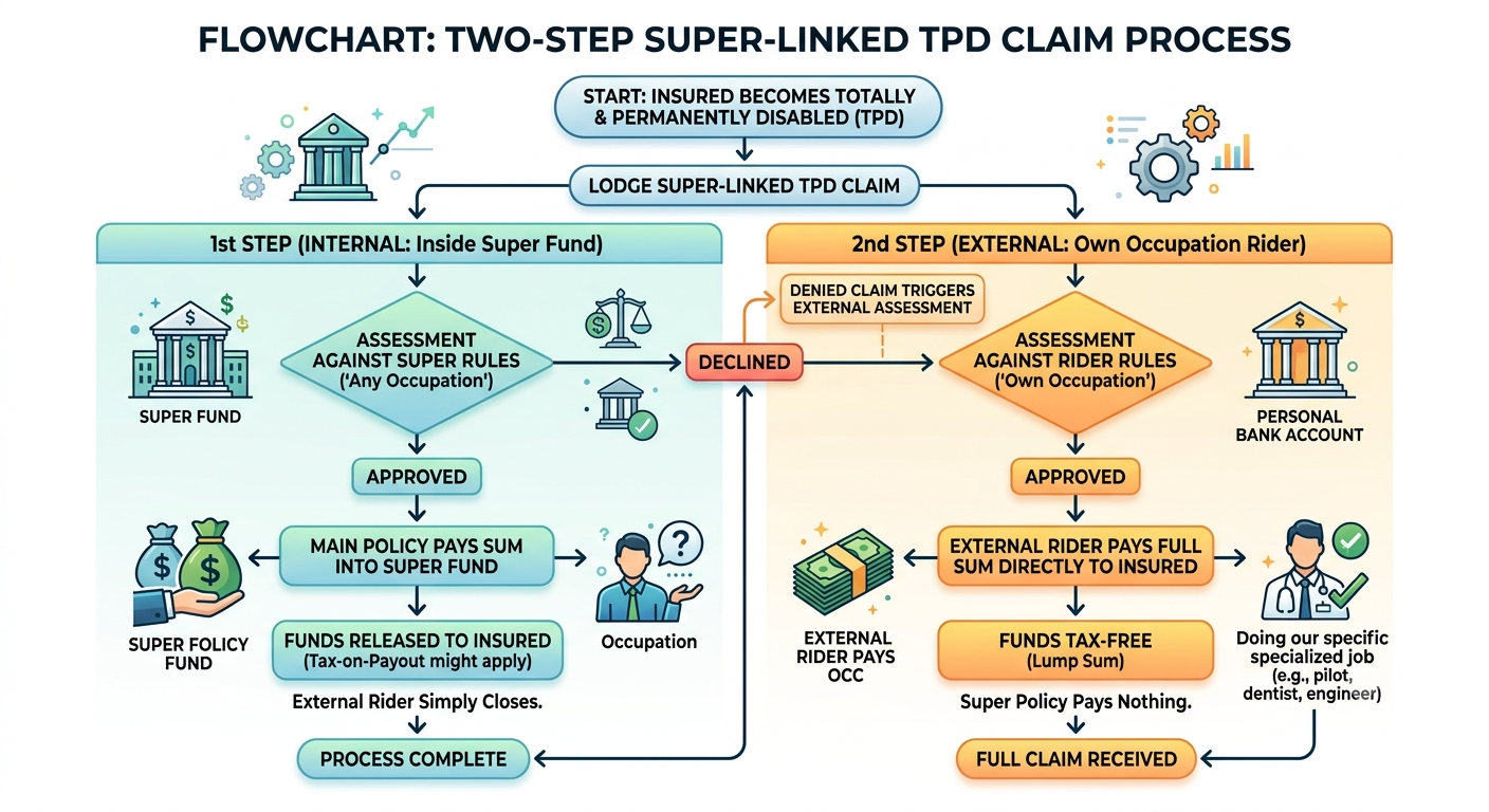 Flowchart illustrating the two-step claim process for Super-Linked TPD insurance, showing how the external Own Occupation rider catches denied internal claims.