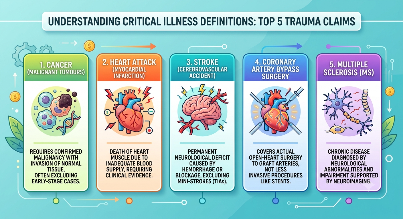 Infographic listing the top five medical conditions covered by trauma insurance in Australia: cancer, heart attack, stroke, bypass surgery, and multiple sclerosis.