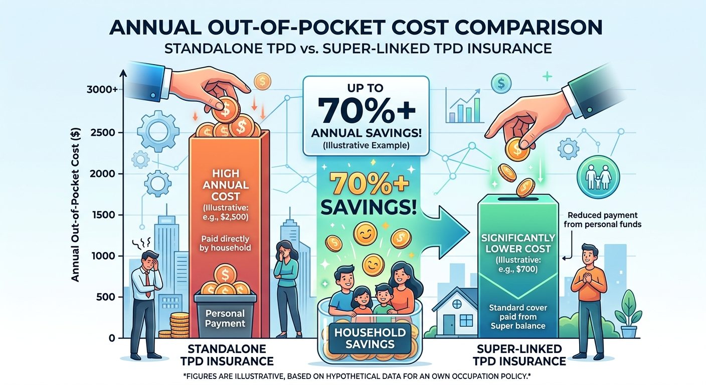 Bar chart comparing the annual out-of-pocket costs of standalone TPD insurance versus Super-Linked TPD insurance, showing significant household savings.