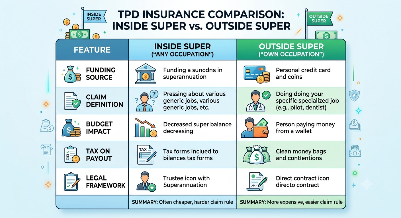 Comparison table highlighting the differences between TPD insurance inside super (Any Occupation) and outside super (Own Occupation).
