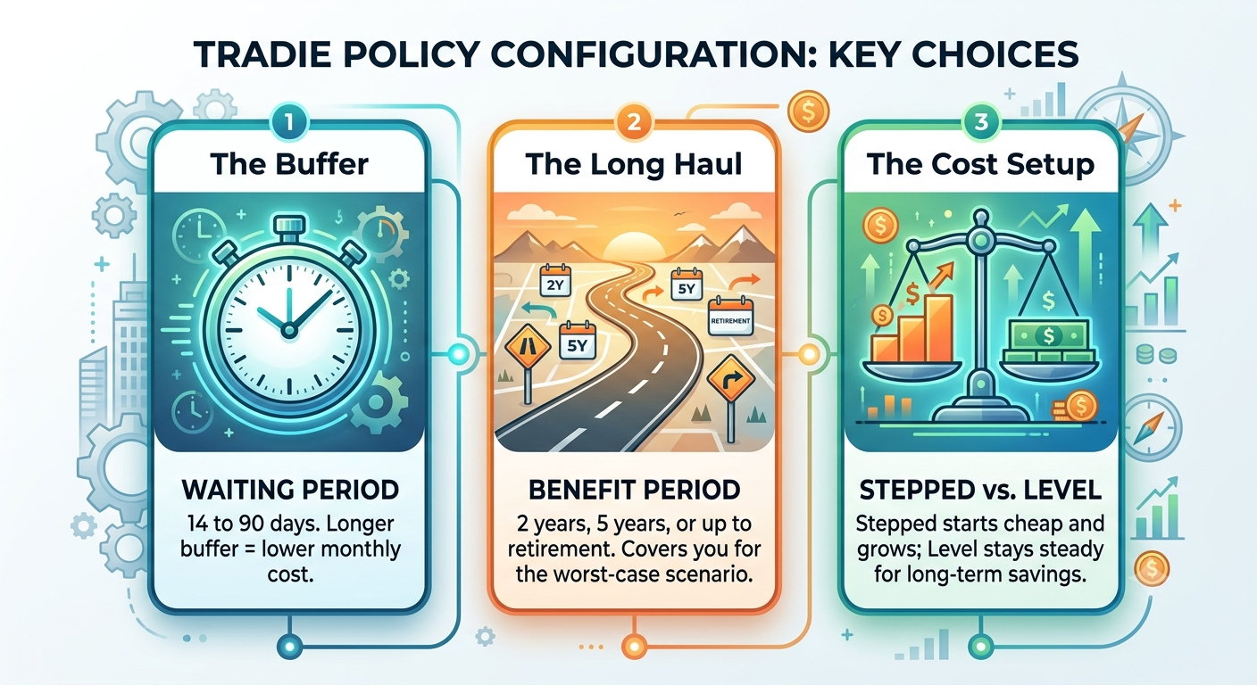 Summary diagram detailing waiting periods, benefit periods, and stepped vs level premiums for tradie insurance.