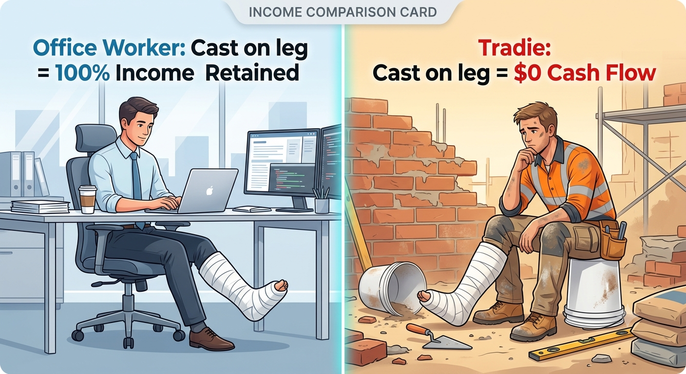 Comparison graphic showing how a leg injury stops a tradie's income completely compared to an office worker.
