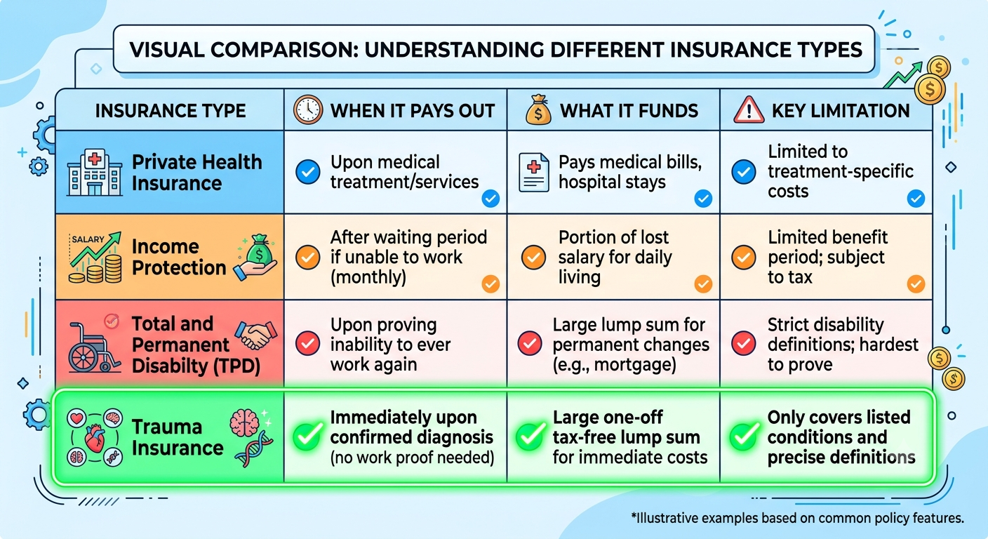 A comparison matrix highlighting the differences between private health insurance, income protection, TPD, and trauma insurance payouts.