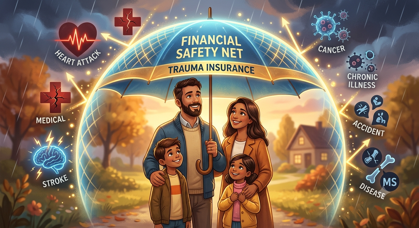 An illustrative financial safety net protecting an individual from critical medical expenses, representing trauma insurance coverage in Australia.