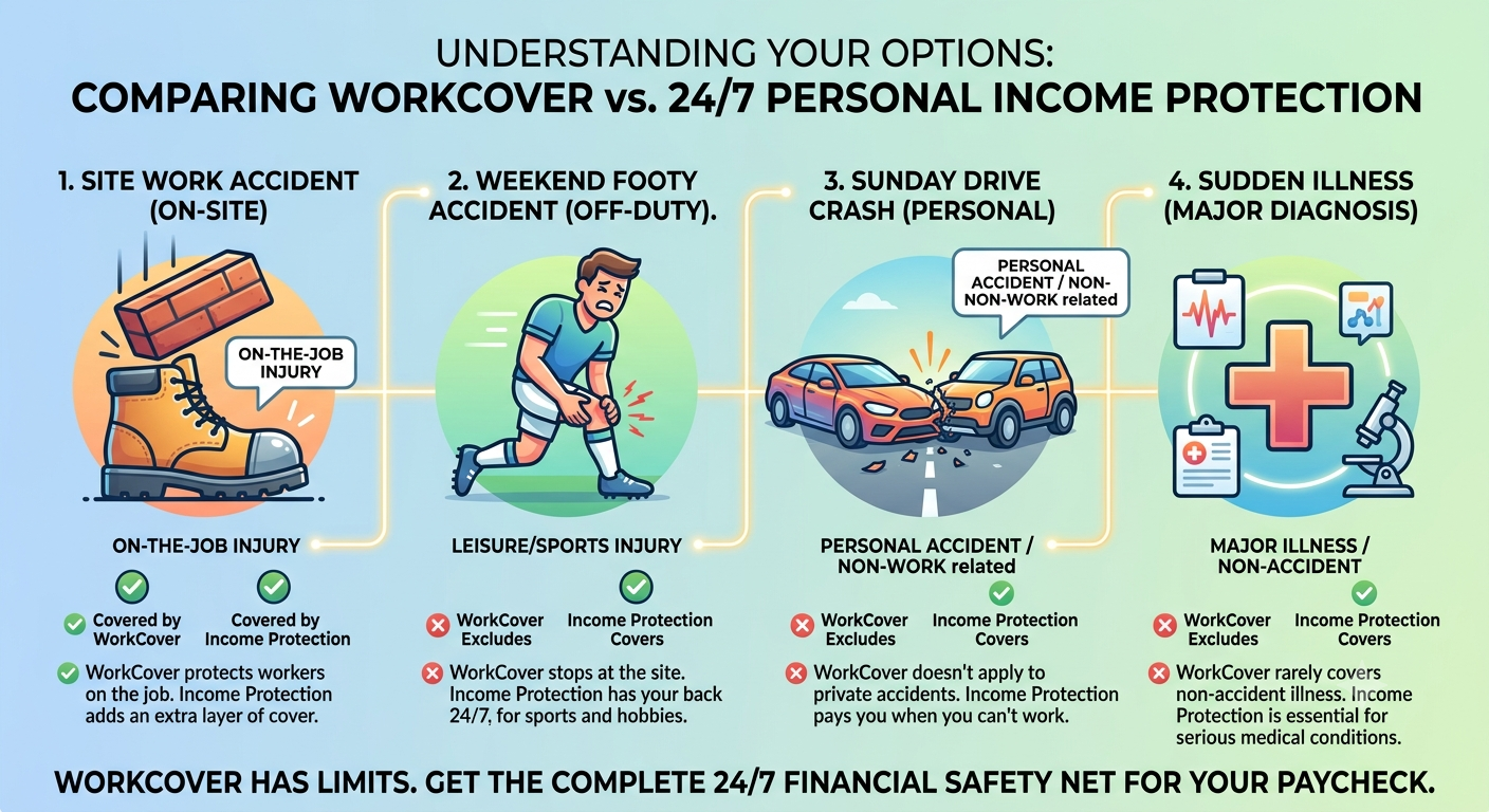 Infographic displaying scenarios covered by personal income protection versus the limitations of standard Australian WorkCover.