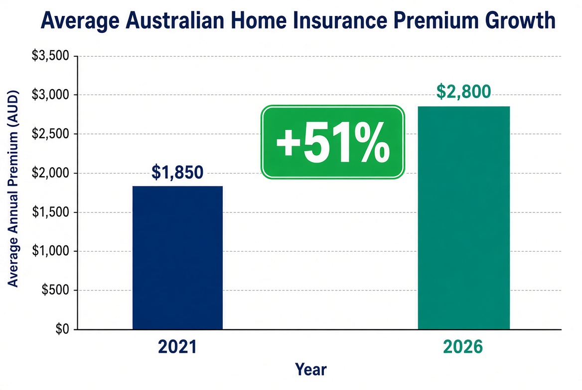Bar chart showing Australian home insurance premium growth from 2021 to 2026.