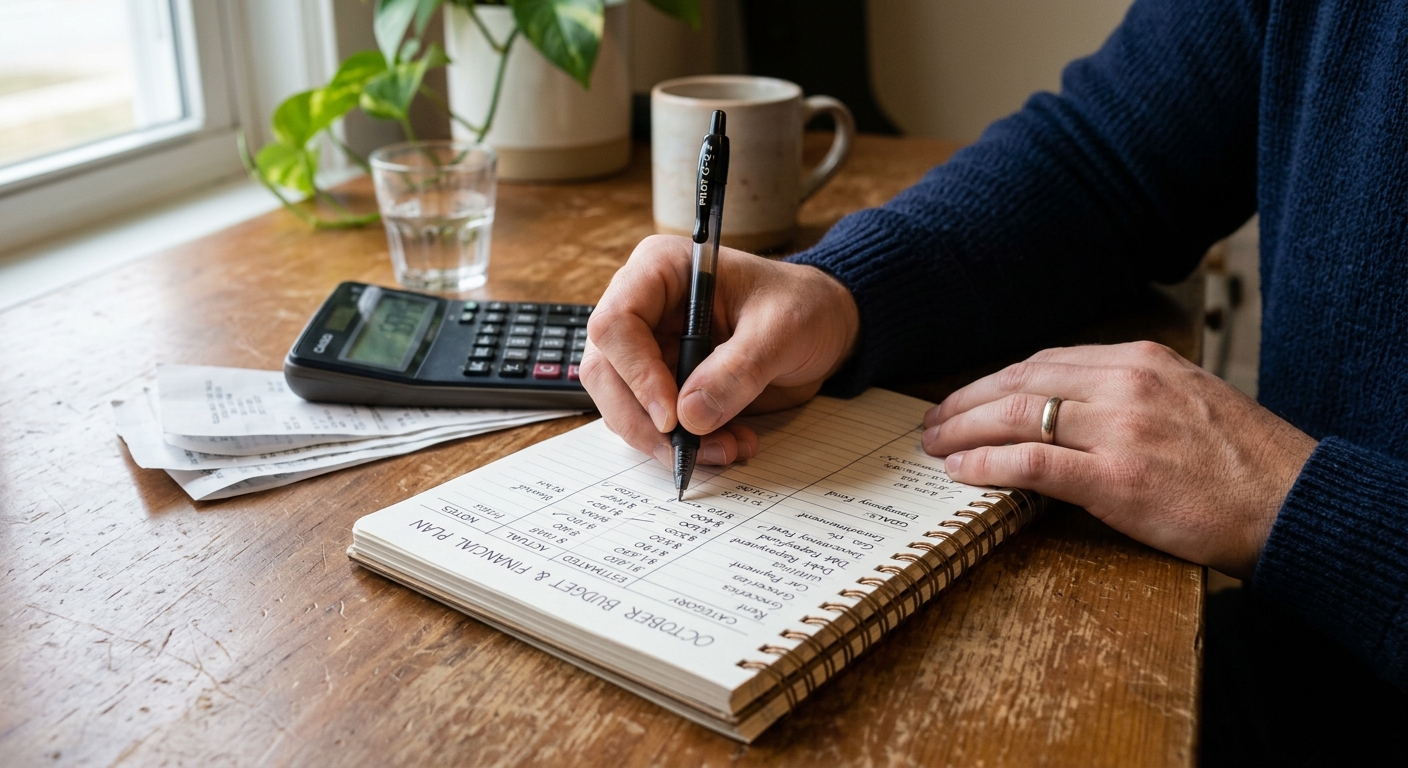 Person calculating life insurance cover needs on a notepad.