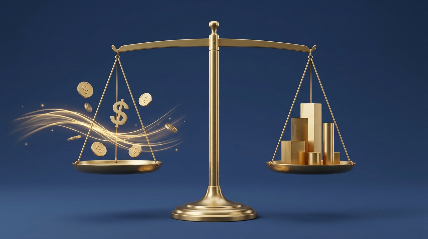 Modern scales balancing cash flow and a balance sheet, representing the revenue vs capital purpose of Key Person Insurance in Australia.