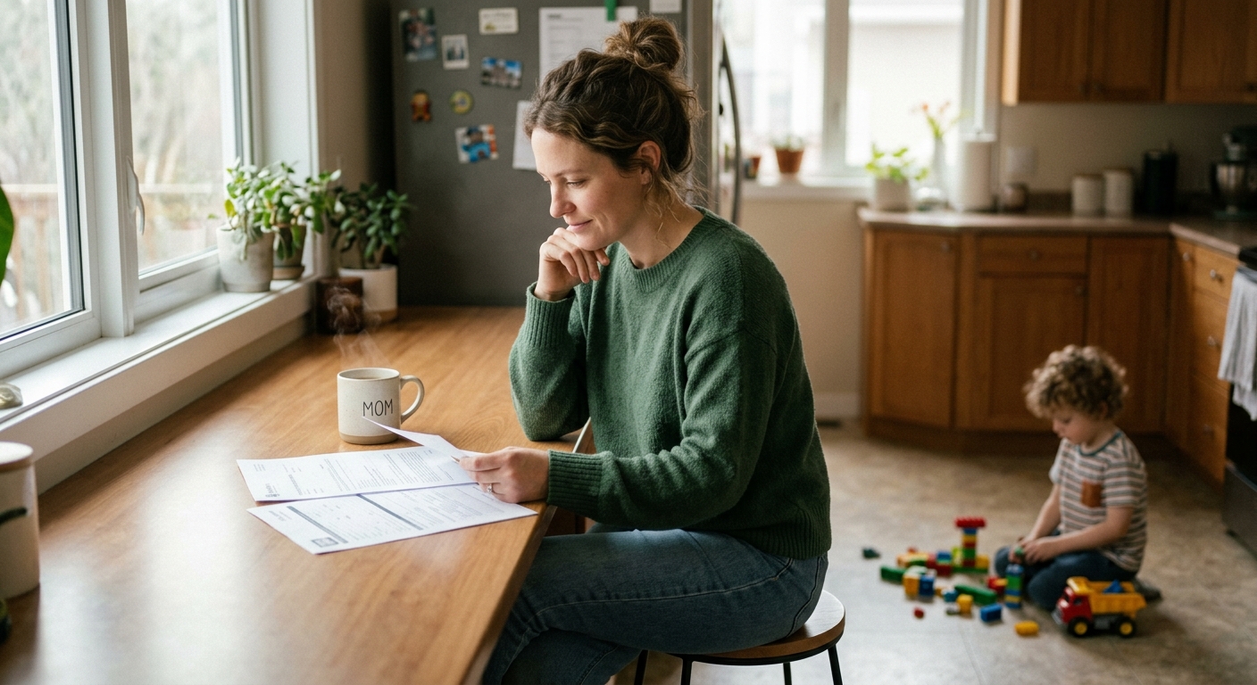 Single parent reviewing life insurance paperwork at the kitchen counter while child plays.