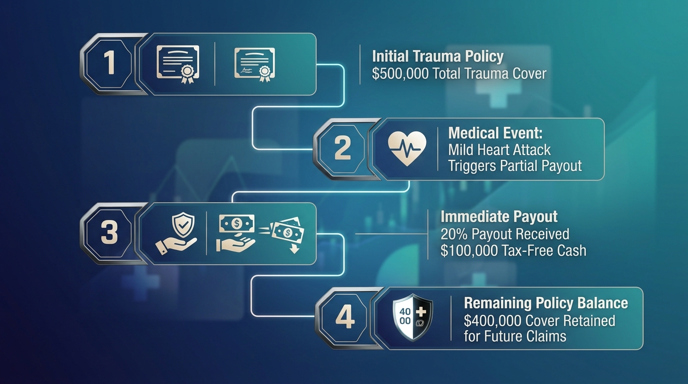 Infographic diagram demonstrating a partial trauma insurance payout calculation for a mild heart attack in Australia.