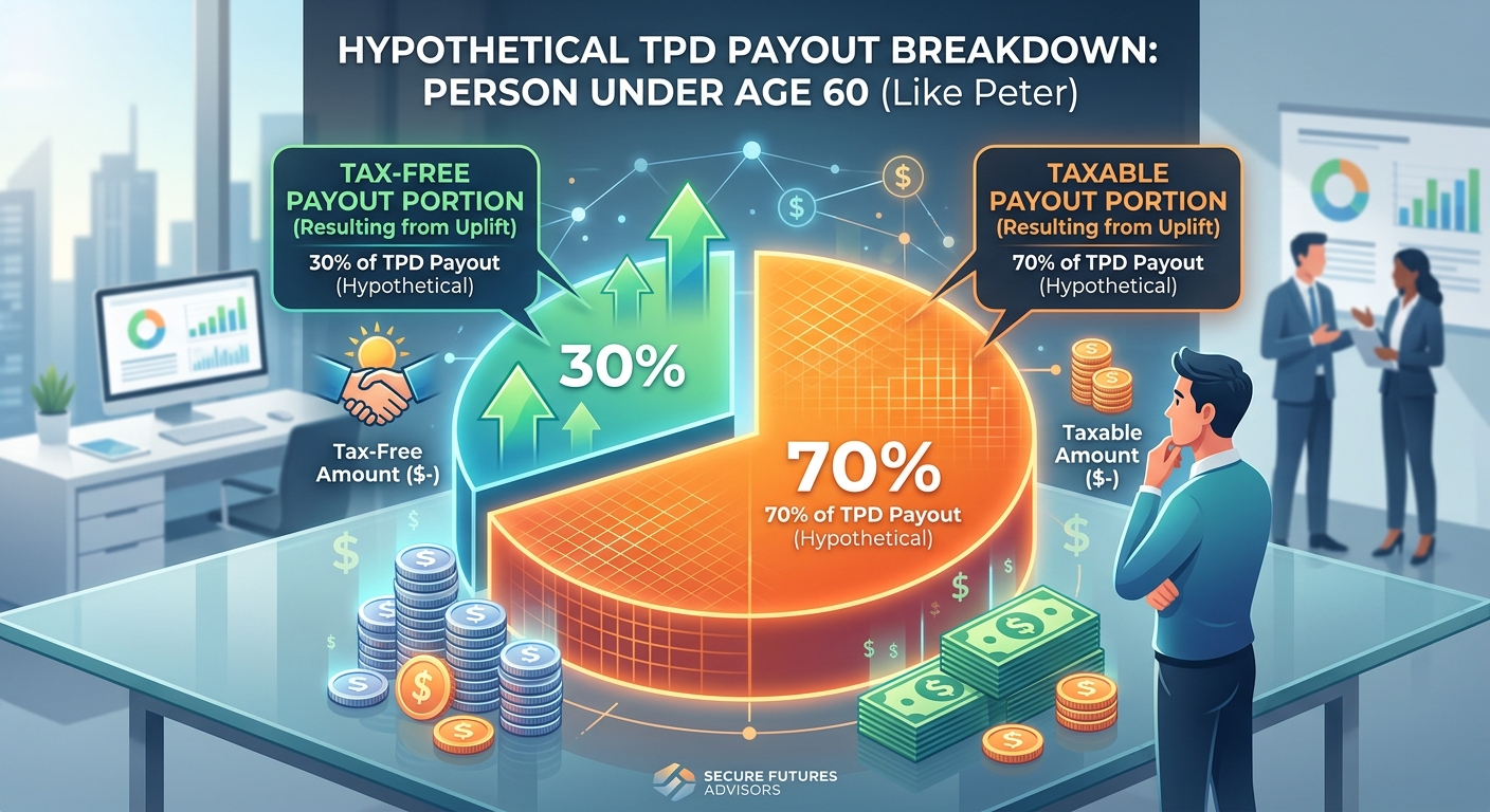 A pie chart visualizing a hypothetical TPD payout breakdown for someone under age 60 (like Peter), showing a large taxable chunk versus the tax-free component resulting from the uplift.