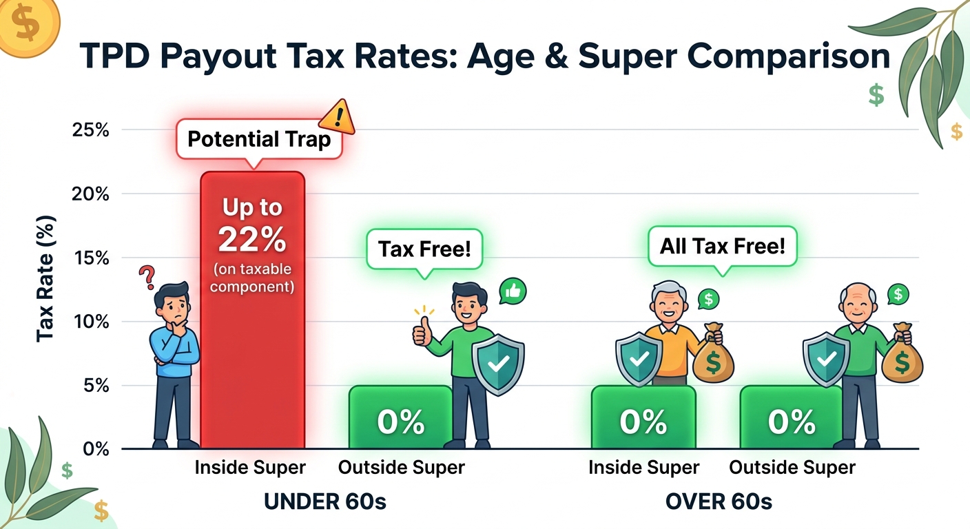 A simple bar chart comparing TPD payout tax rates for under-60s vs over-60s, for both inside and outside super ownership. This visually emphasizes the 0% rates and highlights the potential 22% trap.