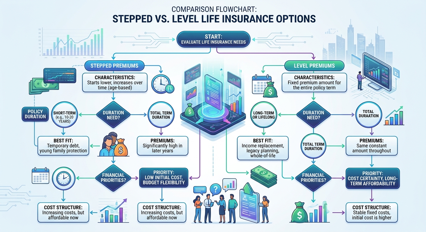 Flowchart comparing stepped and level life insurance options based on policy duration and financial priorities.