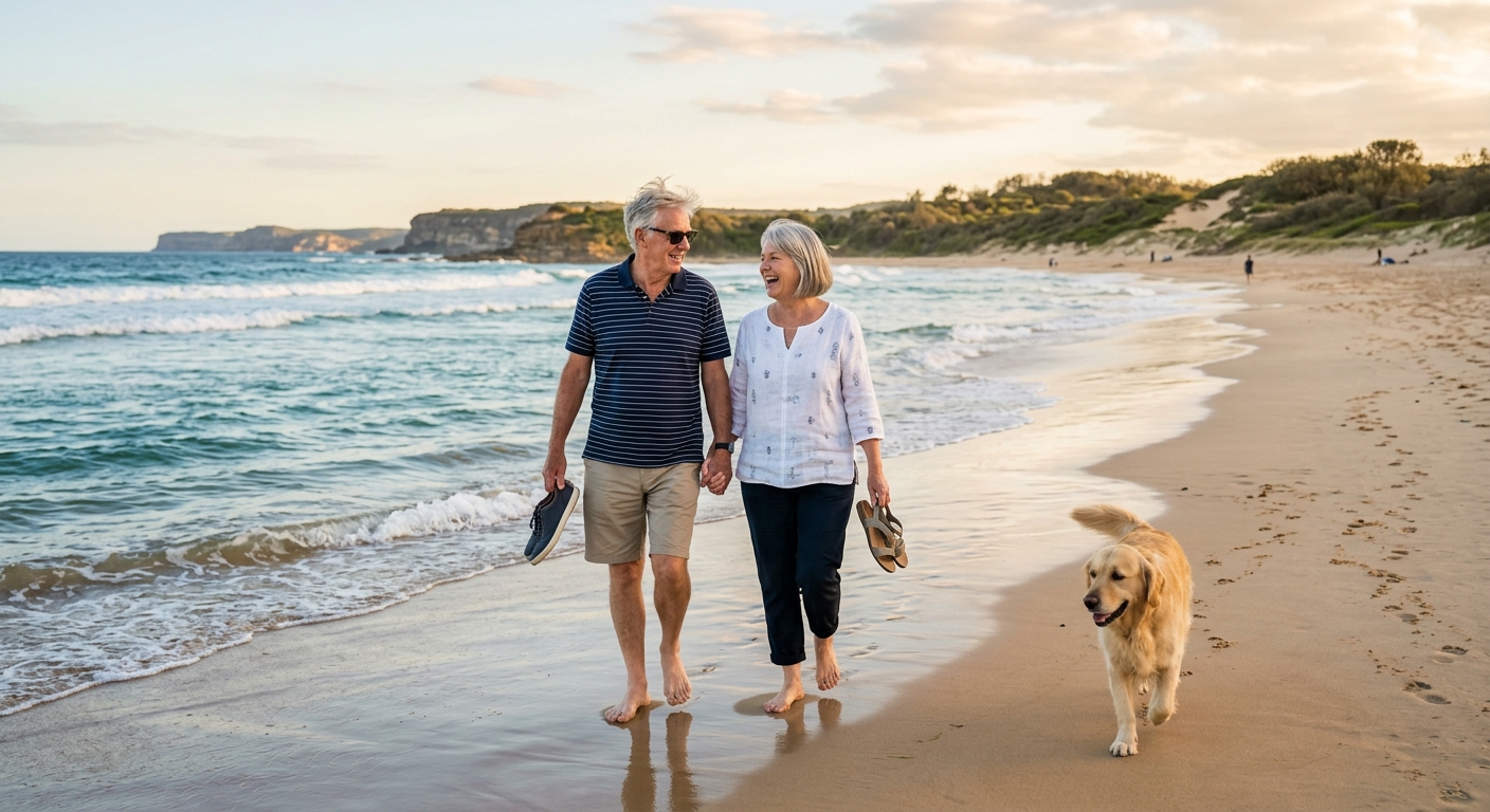Senior couple walking along an Australian beach enjoying long-term financial stability and affordable level premium life insurance.