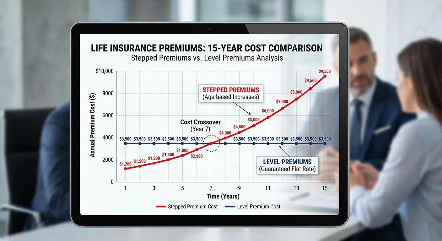 Comparison graph displaying the steep upward cost curve of stepped premiums versus the flat line of level premiums over a 15-year period.