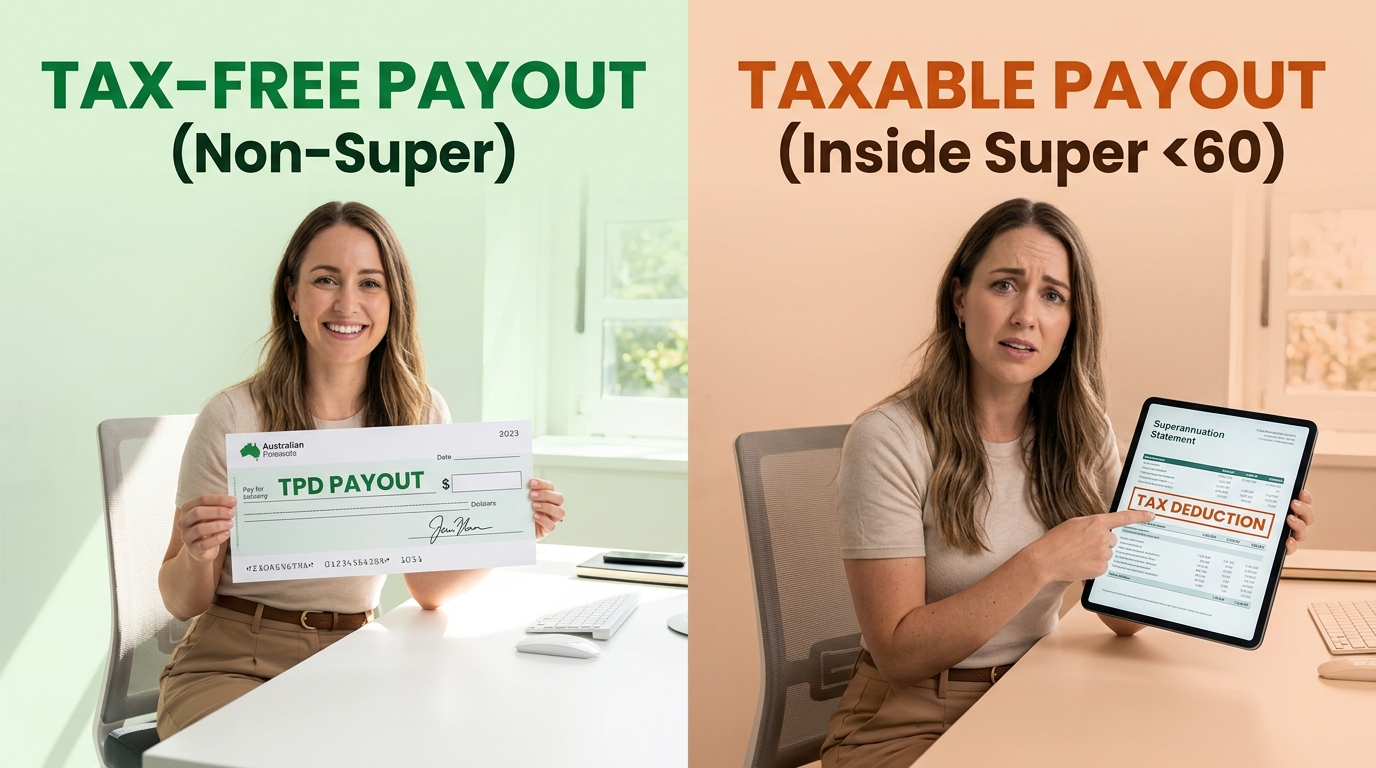 A comparison image showing the difference in TPD insurance taxation in Australia. On the left, a tax-free payout received outside super; on the right, a taxable payout received inside super.